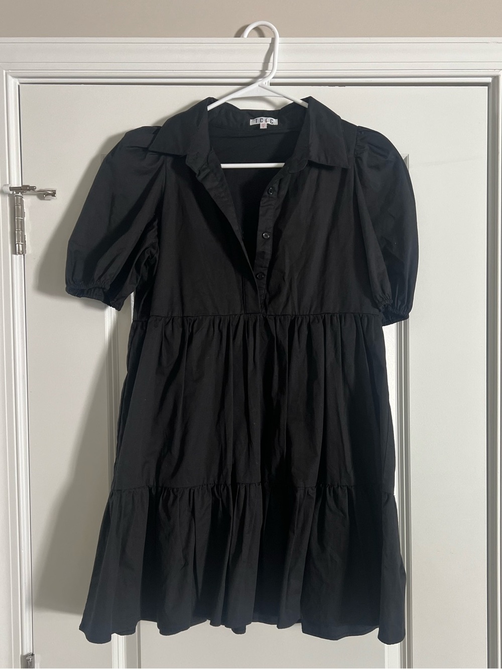Black Puff-Sleeve Tiered Shirt Dress